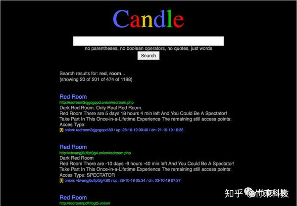 在暗网的搜索引擎candle搜索red room就可以看到一长串的红房地址