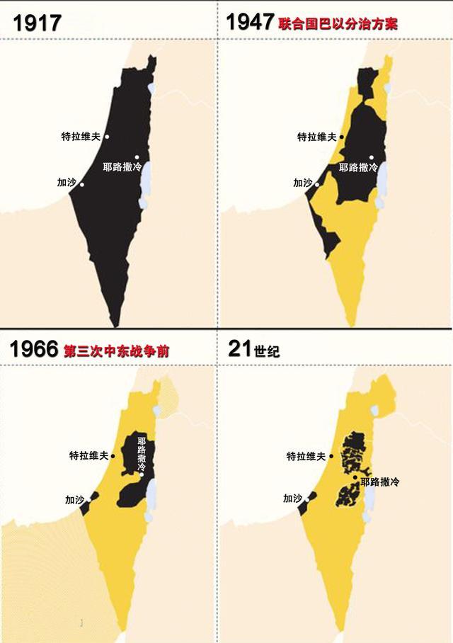 巴以地图(黑色表示巴勒斯坦,黄色表示以色列)