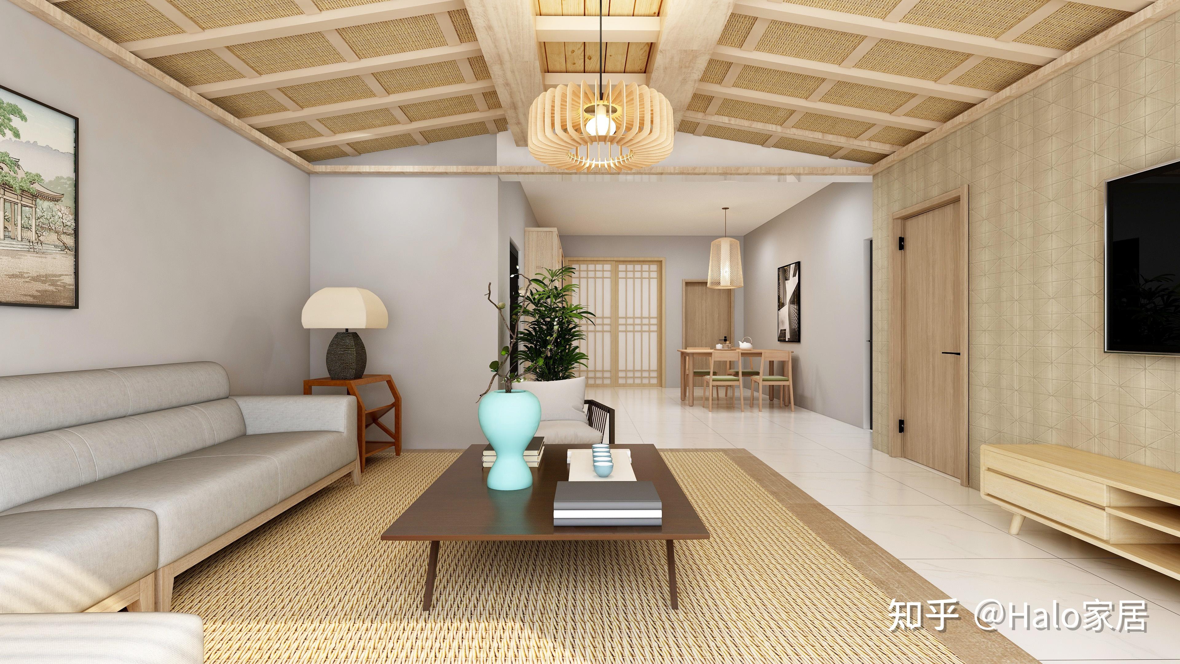 家具低矮且不多,给人以宽敞明亮的感觉日式格子拉门的设计使空间看