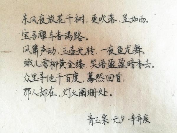 辛弃疾青玉案元夕笔友钢笔字习作欣赏