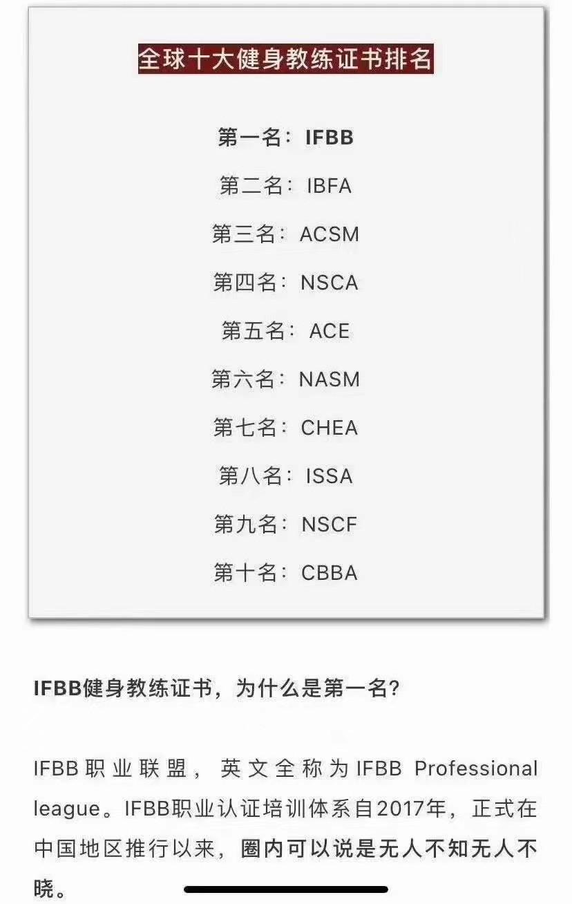 2021年健身教练证书含金量排名 第一名:ifbb 第二名:ibfa 第三名:acsm