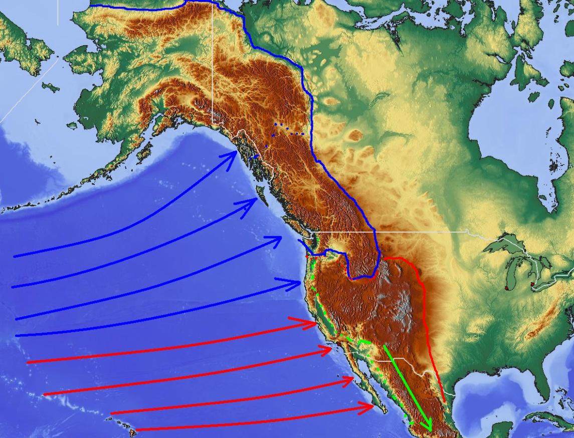 上图是北美西侧高原的地形特征图,北侧从阿拉斯加北湾布鲁克斯山脉