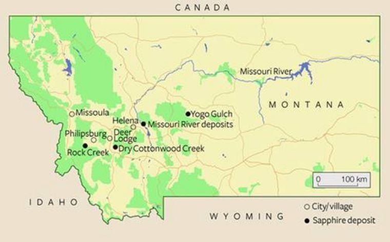 美国蒙大拿州蓝宝石矿床的位置.