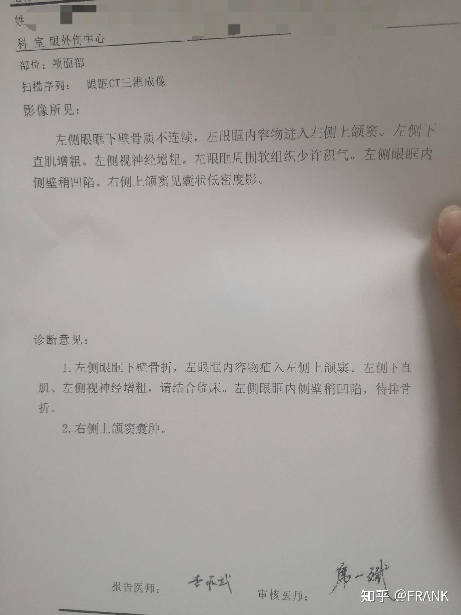 左侧眼眶下壁骨折下直肌增粗视神经增粗祝我手术顺利