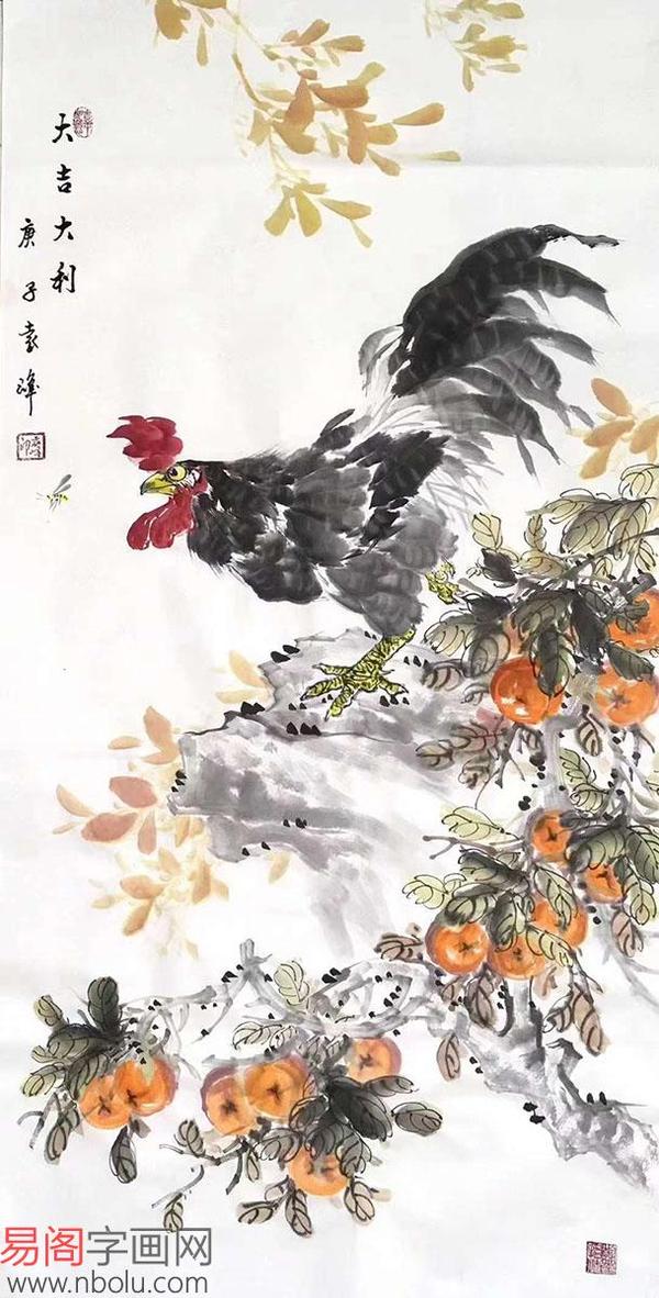著名画家袁峰,国画公鸡大吉大利图赏析