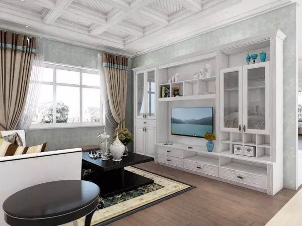 电视柜整体造型简约时尚,高低错落有序,功能分区合理,兼具视听,展示