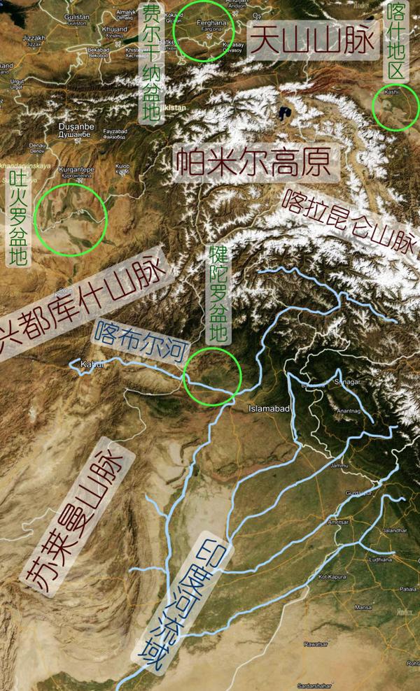 犍陀罗周边山水-卫星图 如果要横穿帕米尔高原也可以选择瓦罕走廊,瓦