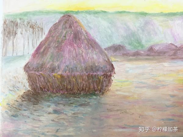 油画棒画名画莫奈麦草垛日落