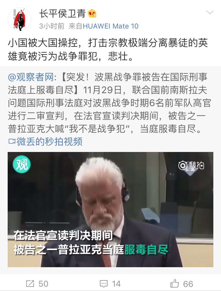 如何评价斯洛博丹普拉亚克在海牙国际刑事法庭上服毒自尽