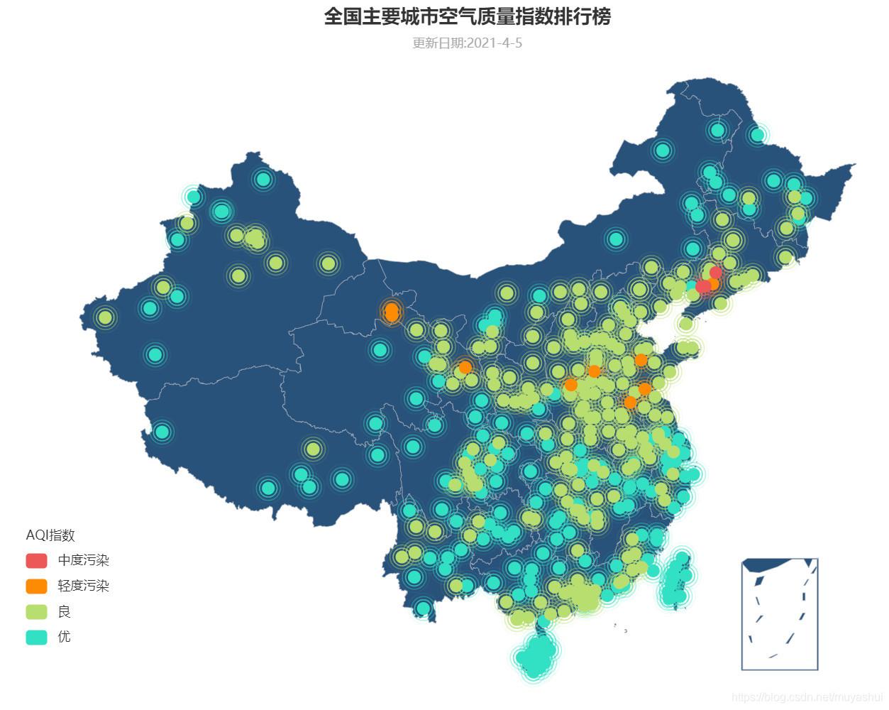 pyechart制作中国地图显示380个城市空气质量