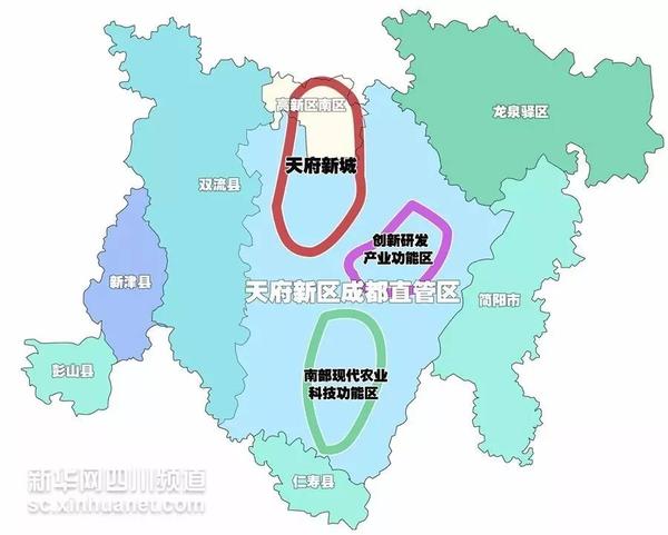 位居天府新区的中心位置,涉及成都市龙泉驿区,双流县,新津县三个行政