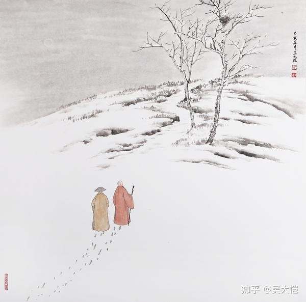 吴大恺  禅意雪景山水画  纸本水墨 45x45cm