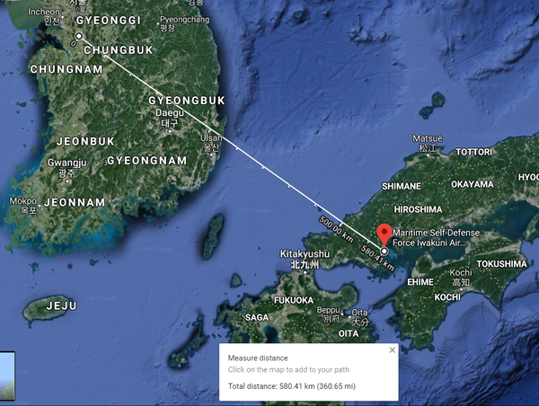 岩国航空站距乌山空军基地580.41km(极其靠近dmz)