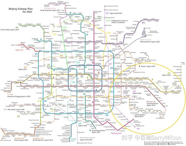 到2022年的北京地铁规划,图中圈出的区域为通州.图片:维基图片
