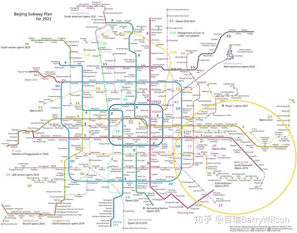 到2022年的北京地铁规划,图中圈出的区域为通州.图片:维基图片