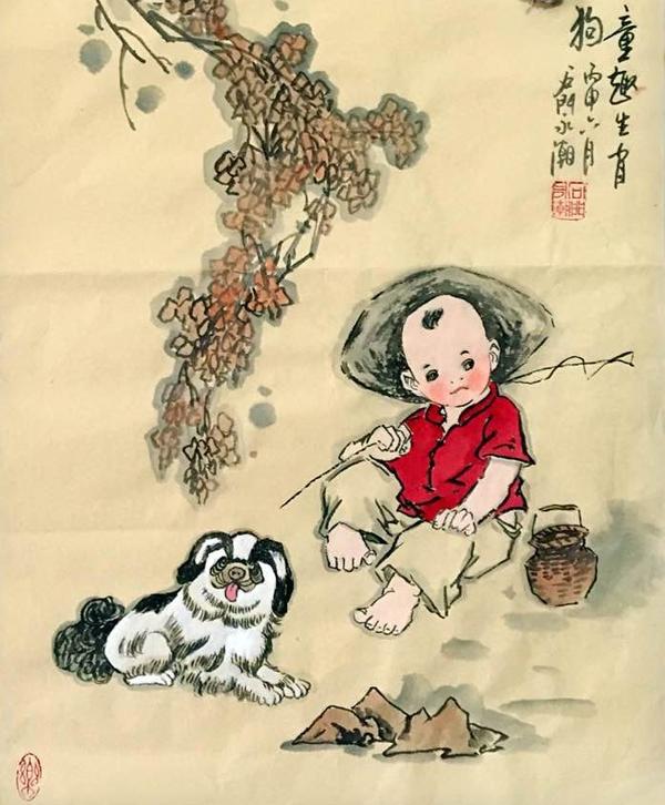 以下23幅为王永潮先生创作的童趣题材的国画 冬天立筛捕麻雀 跳绳
