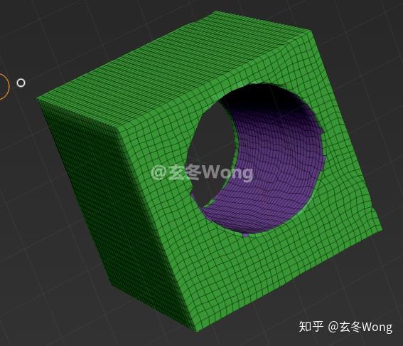 转换为dynamesh后,圆柱体会自动消失,并掏空正方体,最终效果