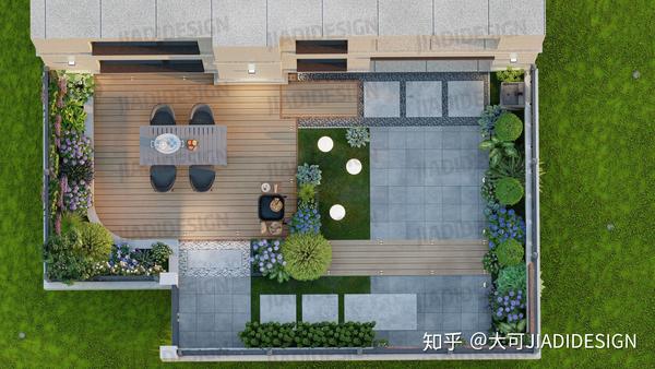 改造后,庭院大面积铺装,设计木平台做休闲区,桌椅组合满足聚餐休息