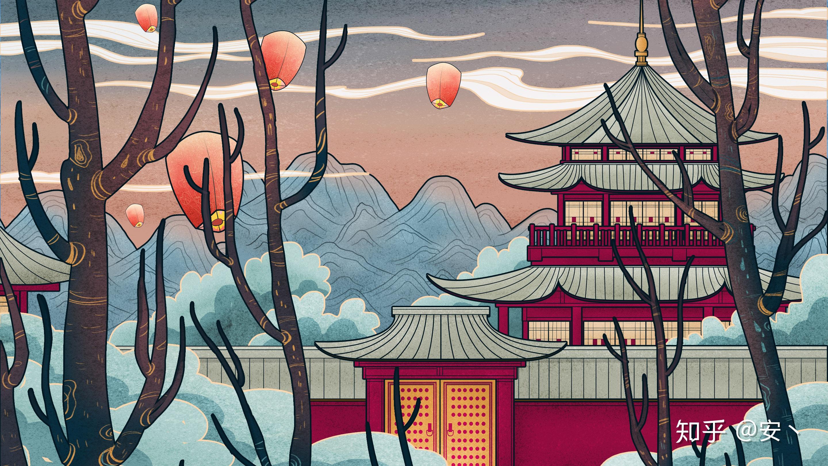景观良库插画风古建筑效果图合集一附psd