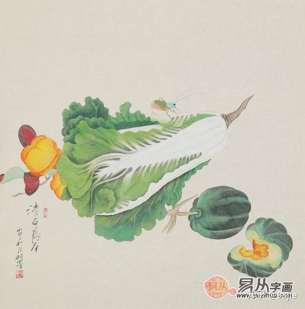 羽墨斗方花鸟画白菜图《清白为本》(来源 易从网)