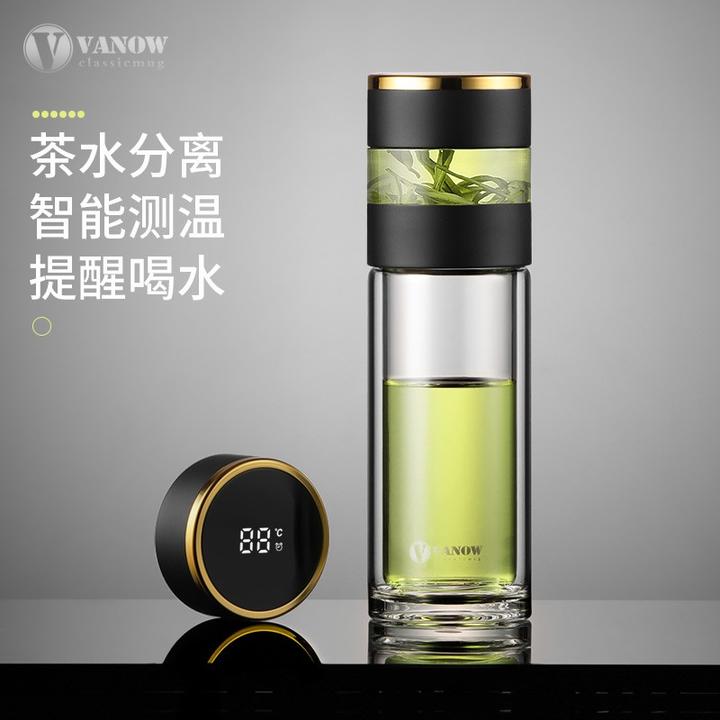 英国vanow玻璃杯 茶水分离杯智能测温双层加厚水杯子男