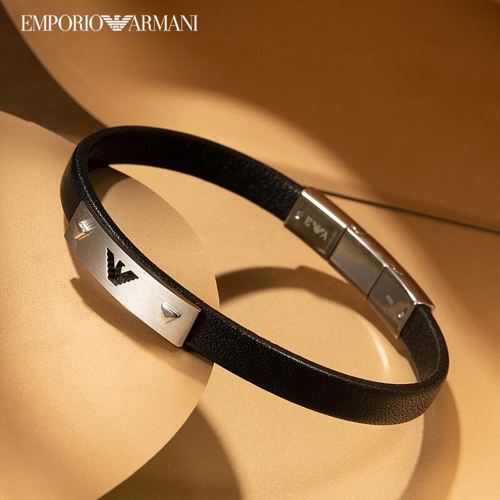 阿玛尼(emporio armani) 男士个性时尚银黑色皮手镯