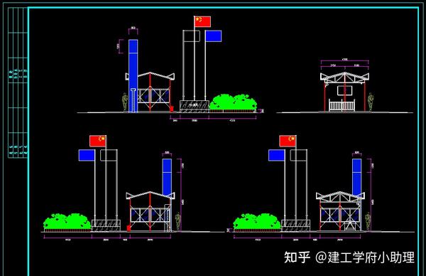 工地大门正,背立面图 小门,侧门,围墙大样图 旗台及消防柜,沙池施工图