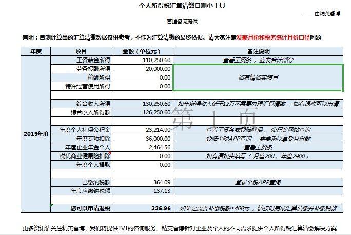 "个税汇算清缴自测"下载自测小工具(excel,仅需填写相关数据完成自测