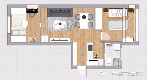 1, 建筑面积52平,总造价12万,入户六边形地砖与内部木地板作区域拼接