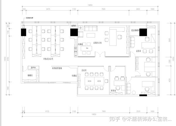 200平米简约办公室装修效果图和办公室布局平面图