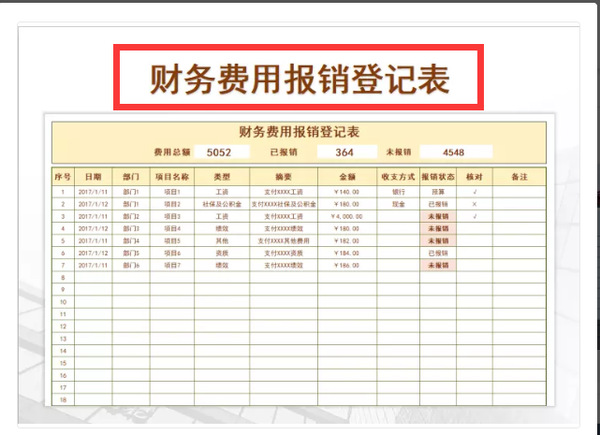 财务费用报销登记表