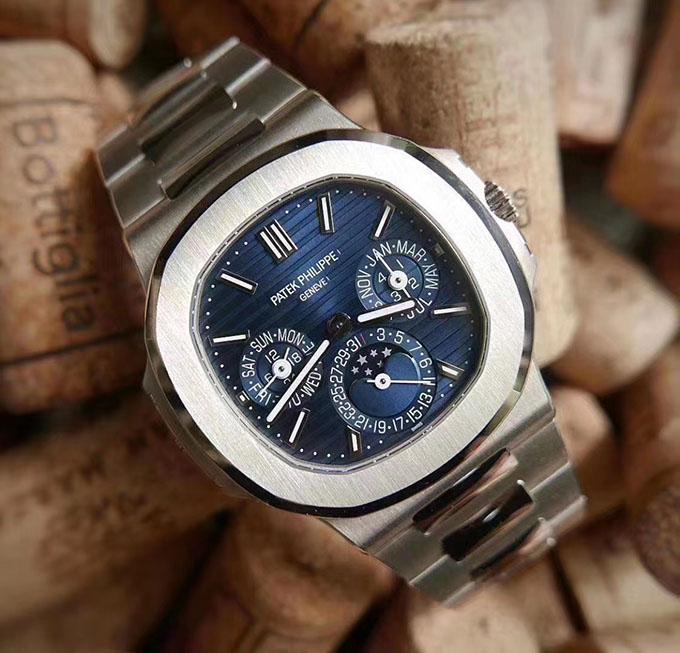 百达翡丽57401g001水平压纹旭日蓝色鹦鹉螺万年历模块手表