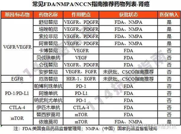 贝伐珠单抗 厄洛替尼; 集合管癌/髓样癌 索拉非尼,舒尼替尼,培唑帕尼