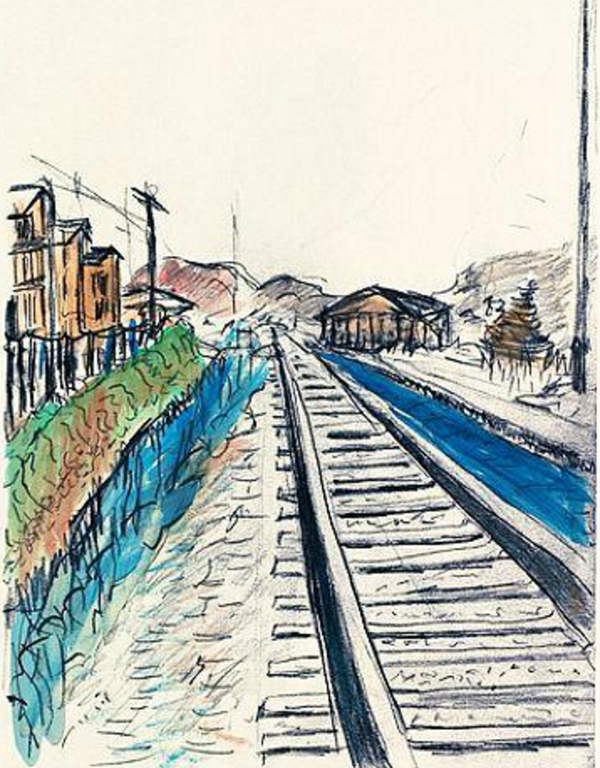 在他的作品《铁轨》当中, 有铁轨,房子和风景, 画面延伸至远处, 笔画