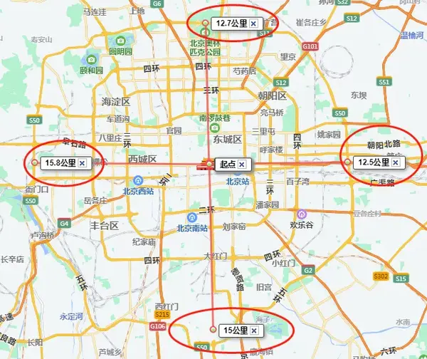 北京五环距离(南边特殊情况所以算15公里)