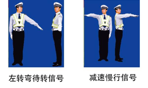 右转弯信号:交警左臂向前平伸,掌心向前;右臂与手掌平直向左前方摆动