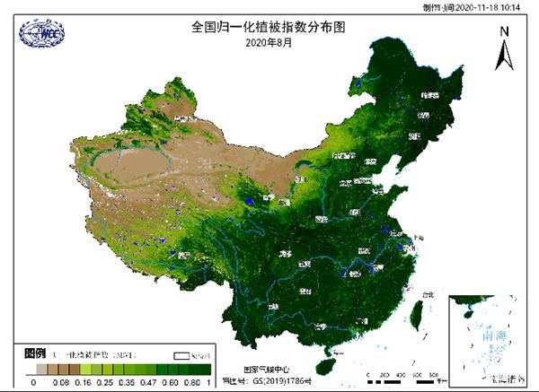 2020年8月全国植被指数分布图