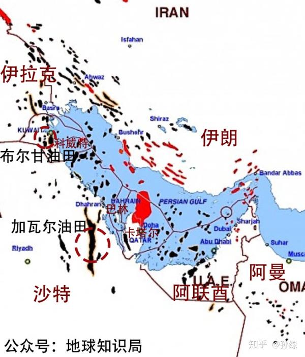 两个超级大油田 加瓦尔和布尔甘 (分属沙特和科威特) 沙特今天的地缘