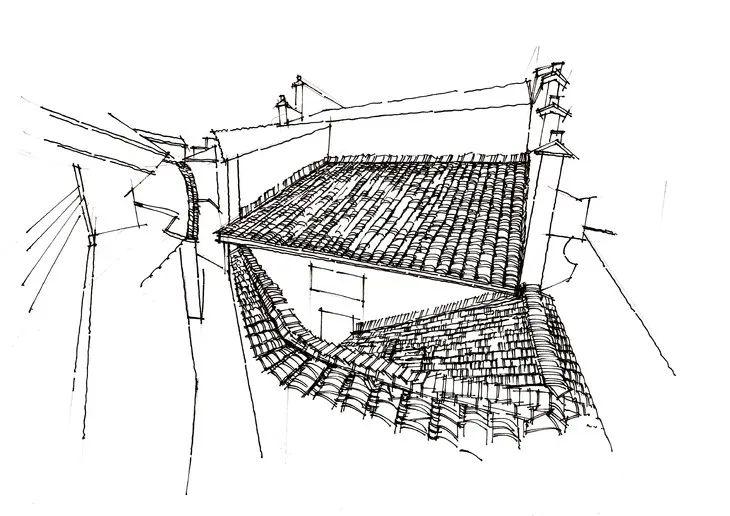 step2:中间绘制屋顶材质,注意绘制的留白关系及疏密渐变变化,整体先收