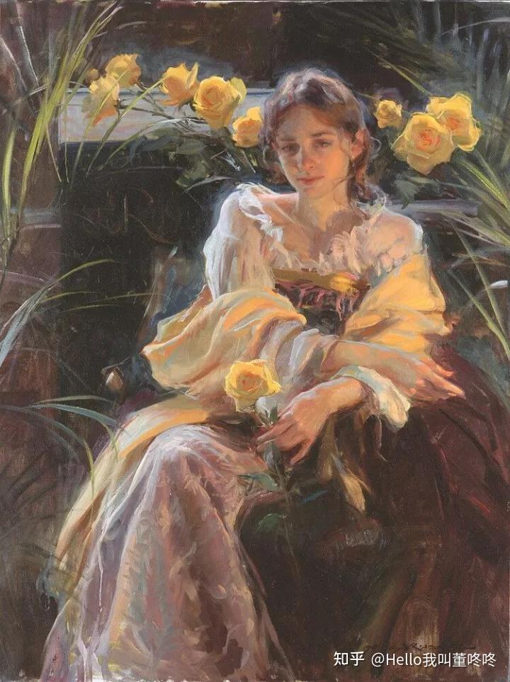 有幅油画应该是欧洲的画中有一个小女孩在一片花丛中花铺满了背景小
