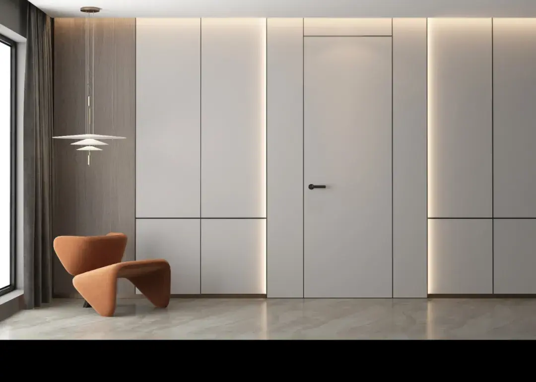 以极简设计理念,将木门作为空间设计的入口,让木门,墙板,家具饰面效果