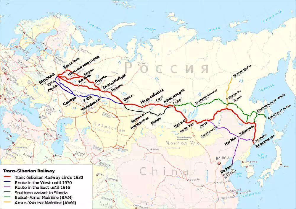 gavan全程距离:4324km全程时长:4天及以上红色的路线为西伯利亚大铁路