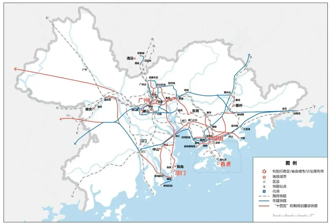 粤港澳大湾区轨道交通规划图 来源:国家十四五规划考虑到广州作为