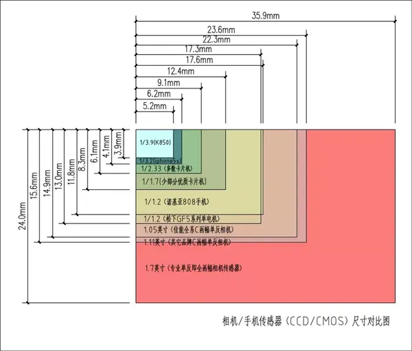 各种数码照相机传感器大小对比,图片来源:中关村在线