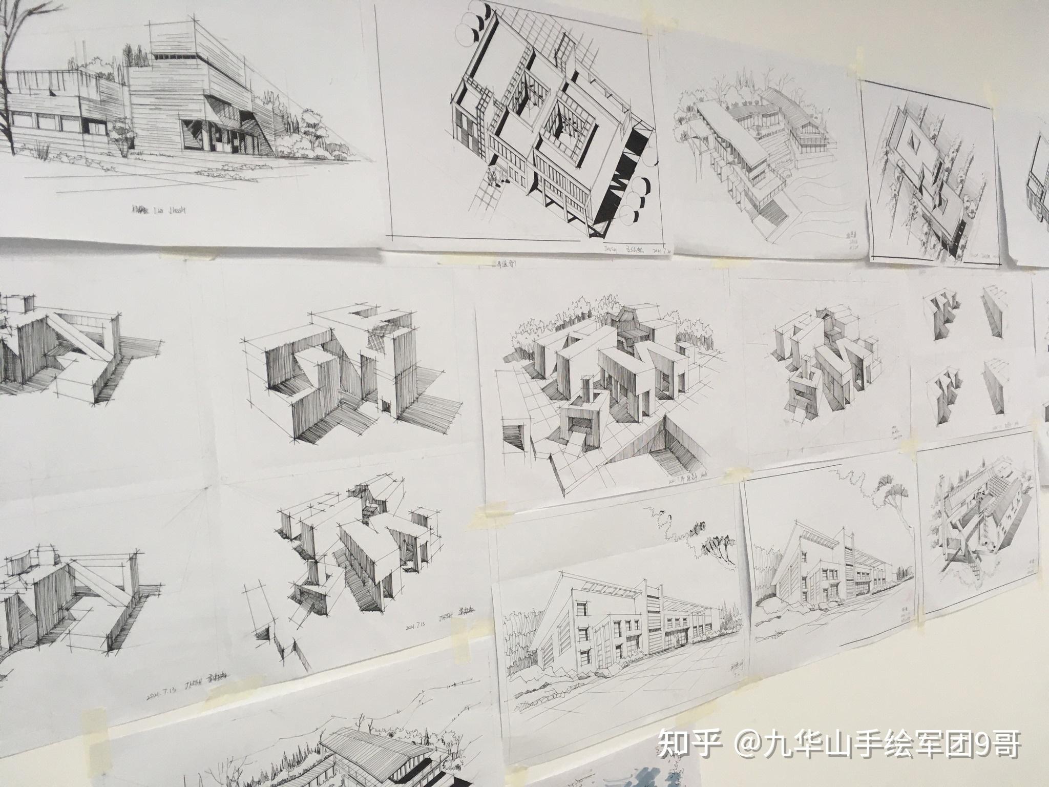 九华山手绘军团暑假建筑考研学员作业墙每天进步一点点