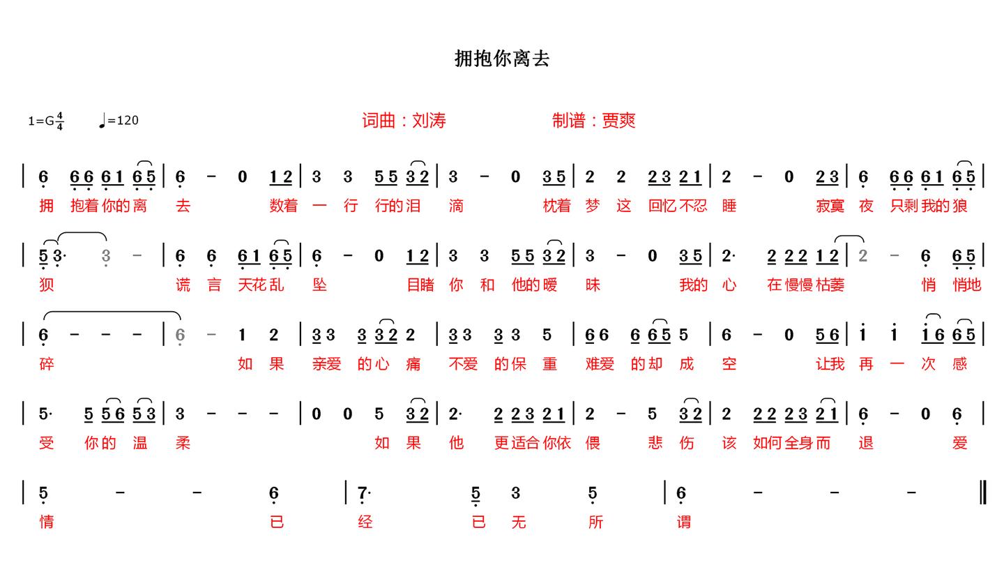 贾爽:拥抱你离去电子琴练习数字简谱