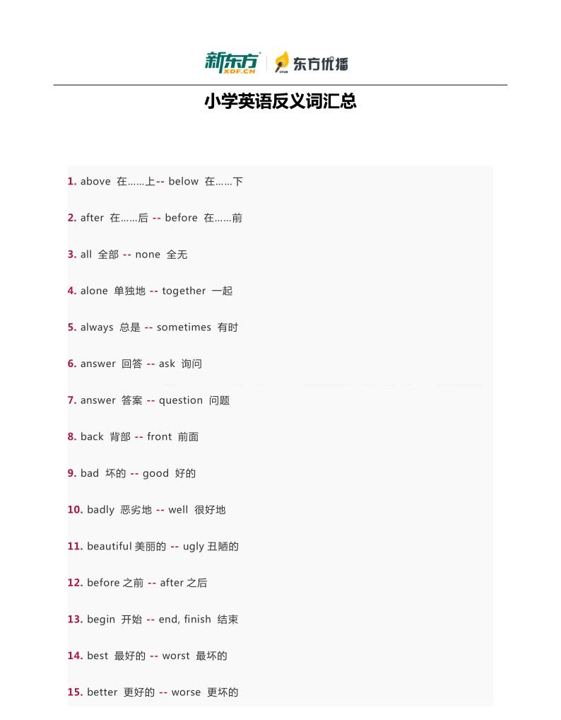 【小学英语】反义词汇总