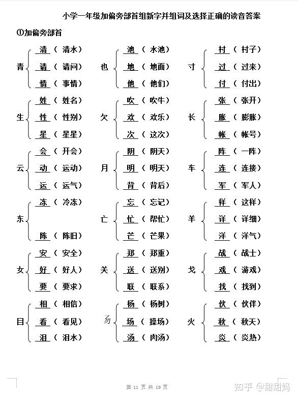 一年级加偏旁部首组新字答案