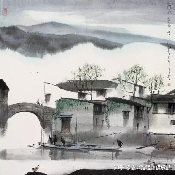 杨明义先生的水墨画,以江南水乡(主要是苏州)风光入画,有许多描绘太湖