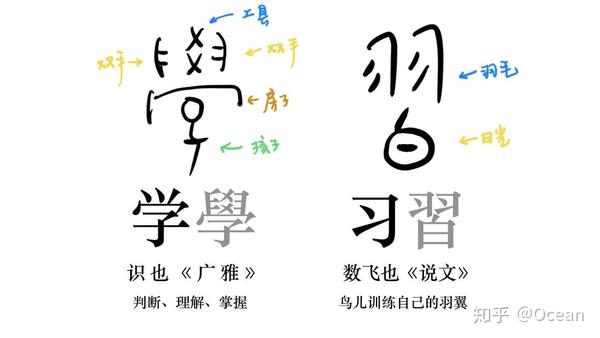 我们看"学习"两个字的甲骨文字形,前者指的是指导孩子操作一种工具